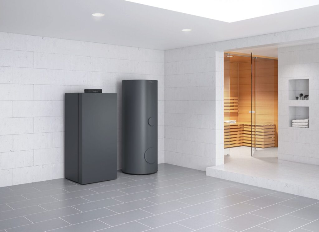 Heizungsanlage und Sauna in modernem Raum.